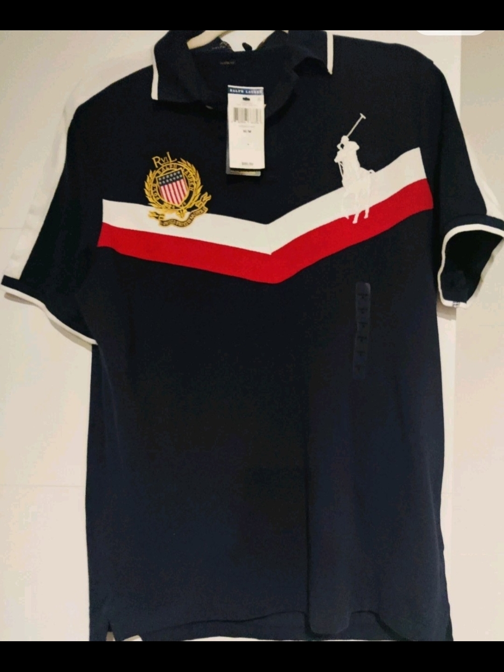 Polo Ralph Lauren Chevron Polo Shirt Navy Big Pony USA Flag Crest Mens M